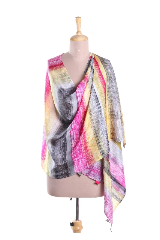 Dramatic Day Fuchsia and Multi-Color Striped Hand Printed 100% Silk Shawl Warm Wool Shawl Cape