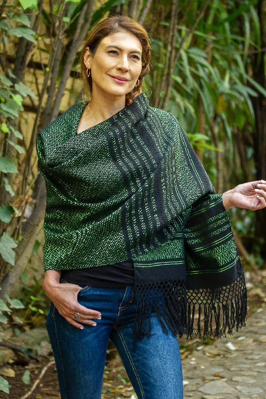 Evening Drama Green on Black Handwoven Fringed Mexican Rebozo Shawl Lightweight Summer Shawl