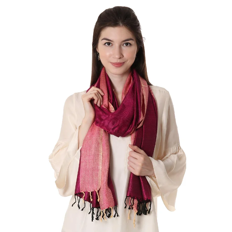 Fuchsia Glory Handwoven Silk Shawl in Fuchsia and Parchment from India Cozy Wool Shawl Poncho