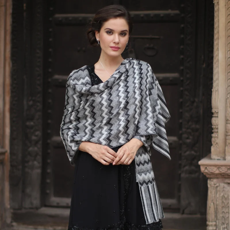 Grey Delight Hand Woven Wool Shawl from India in Grey, Black, and White Warm Cashmere Shawl Scarf