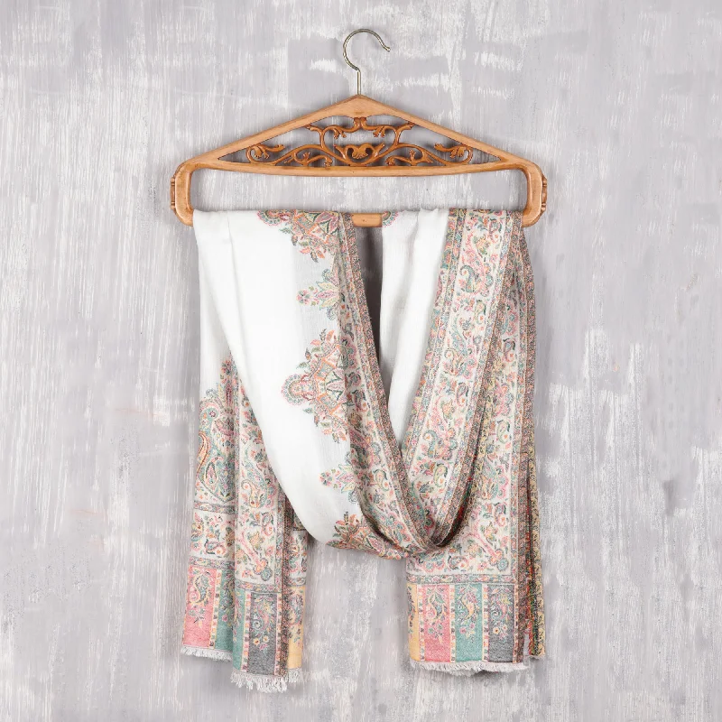 Mughal Fresco Modal Woven Shawl White with Multicolored Motifs Soft Cashmere Shawl Wrap