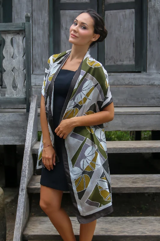 Olive Leaf Artisan Crafted Indonesian Batik Silk Patterned Shawl Stylish Wool Shawl Wrap