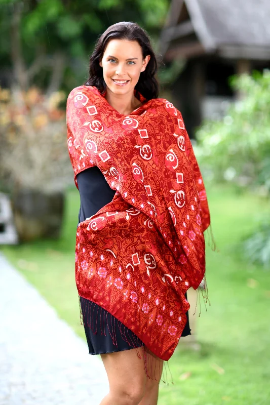 Red Modern Art Handmade Silk Batik Shawl Soft Cotton Shawl Cape