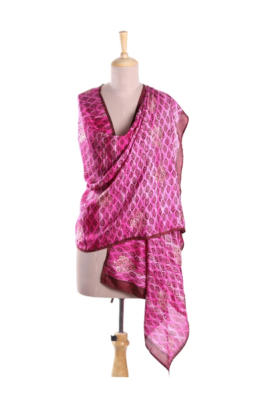 Rosy Leaves Red with Brown Leaf and Tree Hand Printed 100% Silk Shawl Elegant Silk Shawl Scarf