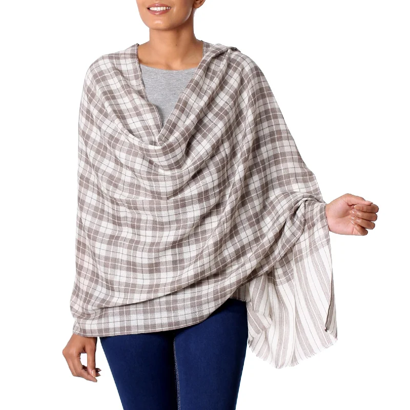 Salient Paths Wool Shawl from India Grey Checkered Pattern over Cream Lightweight Silk Shawl