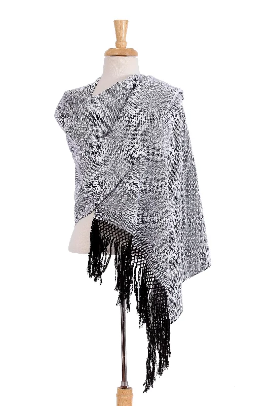 Striped Diamonds in White Handwoven White and Black Zapotec Cotton Rebozo Shawls Comfortable Pashmina Shawl