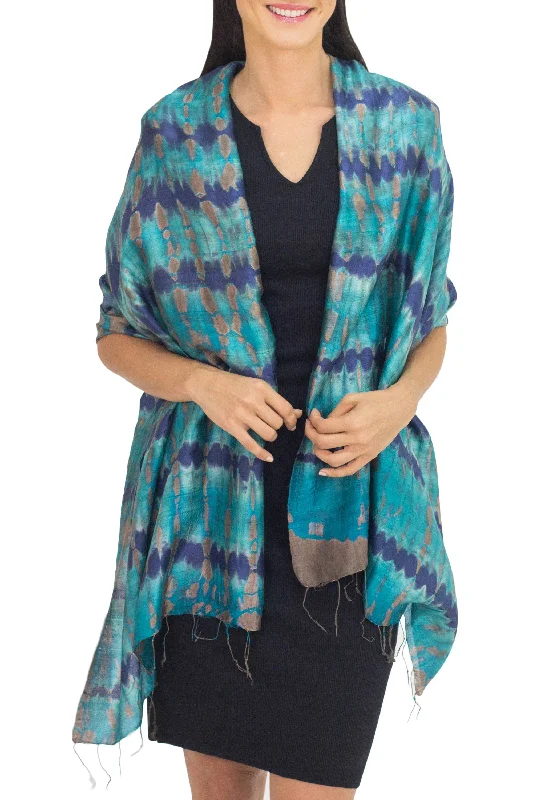 Teal Reflecting Pools Thai Artisan Crafted Teal and Blue Tie Dyed Silk Shawl Stylish Fringed Shawl Cape