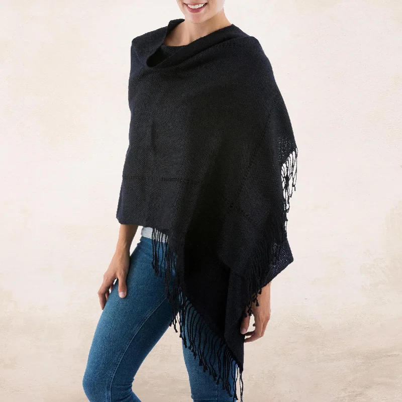 Timeless in Black Black Baby Alpaca Handwoven Peruvian Shawl Casual Cotton Shawl