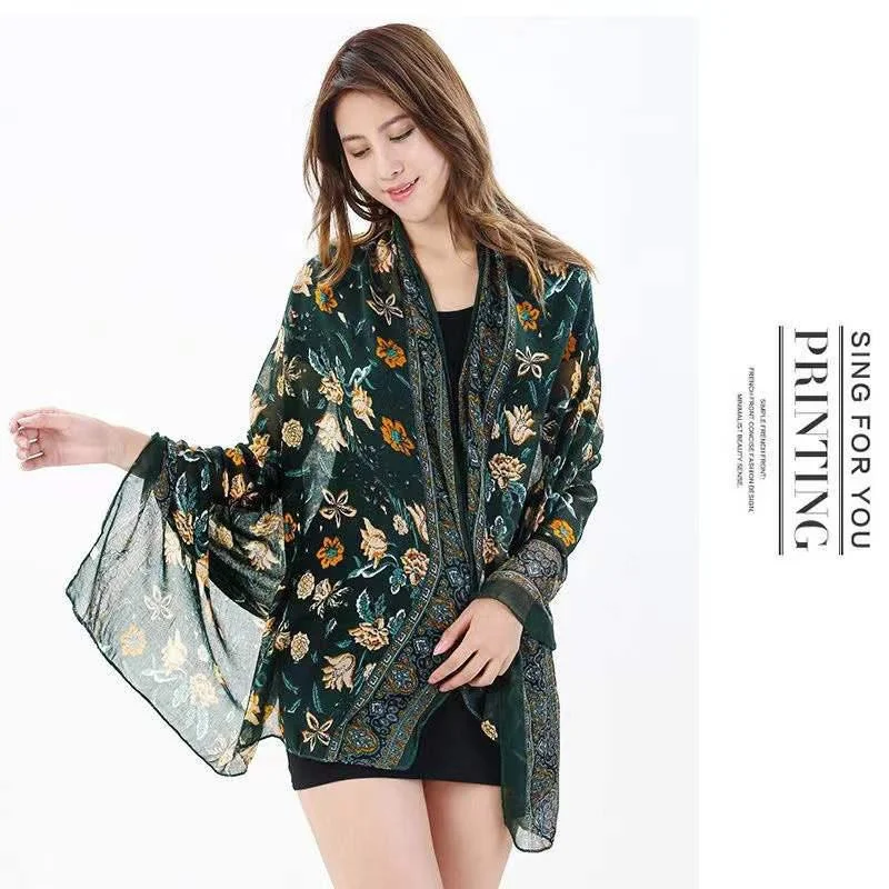 180*90 Huge Size Ethnic Style Warm Scarf for Women Autumn and Winter Print Shawl Scarf Cotton and Linen Sunscreen Silk Scarf Floral Thin Tulle Scarves Soft Knit Shawl Poncho