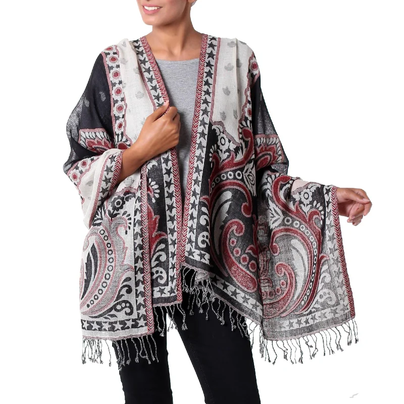 Agra Night Dramatic Indian Wool Shawl in Black and White with Red Classic Plain Shawl Wrap