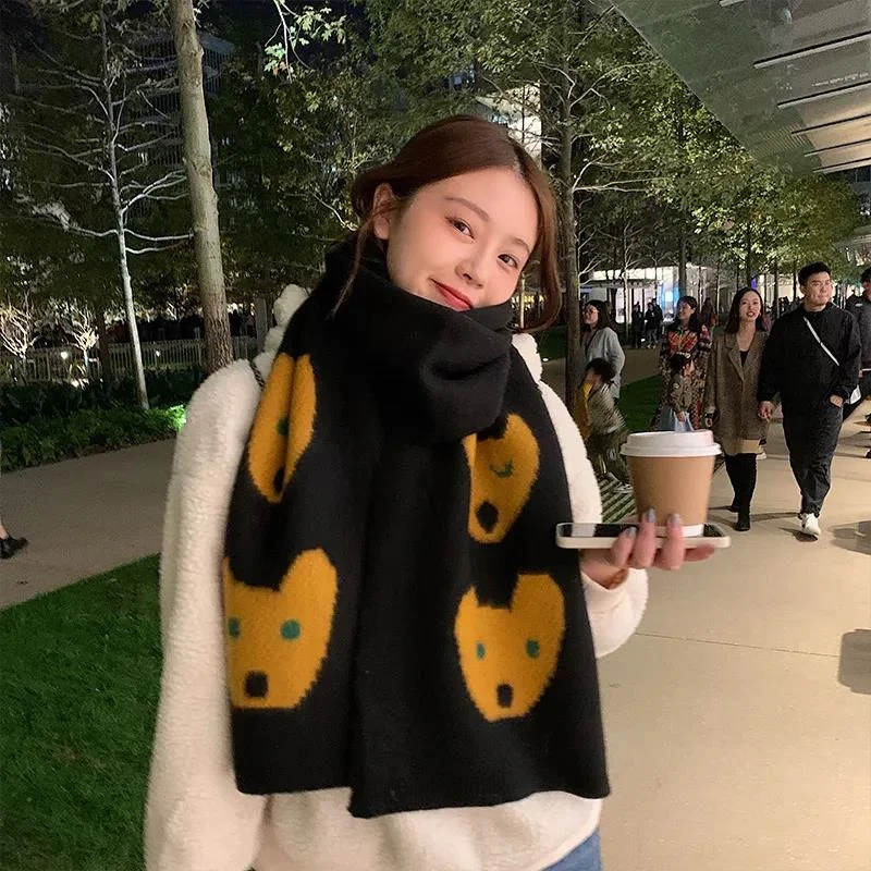 Autumn and Winter Korean Printed Knitted Wool Scarf Thickened Warmth and Long Scarf Shawl Cozy Knit Shawl Cape