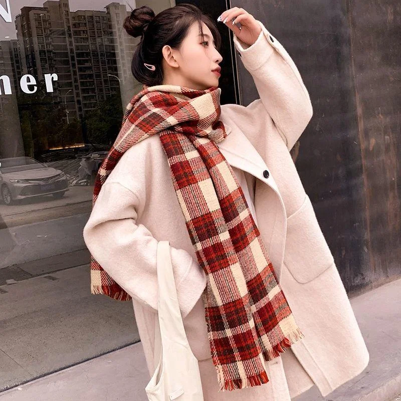 Autumn and Winter Ladies Scarf Retro Red Plaid Scarf Thick Korean Version of Tassel Scarf Shawl Cozy Fleece Shawl Wrap