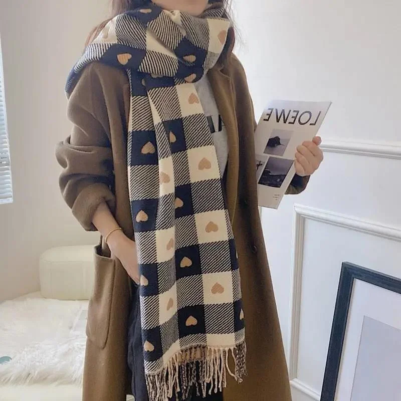 Autumn and Winter Plaid Scarf Korean Wild Couple Scarf Tassel Printing Thickened Bib Shawl Luxurious Silk Shawl Cape