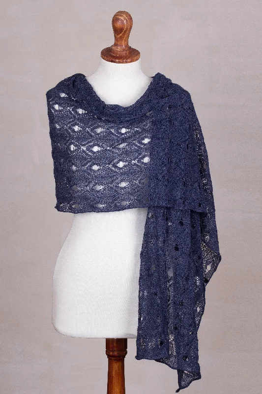 Breezy Skies in Blue 100% Alpaca Crocheted Shawl in Blue from Peru Soft Knit Shawl Poncho