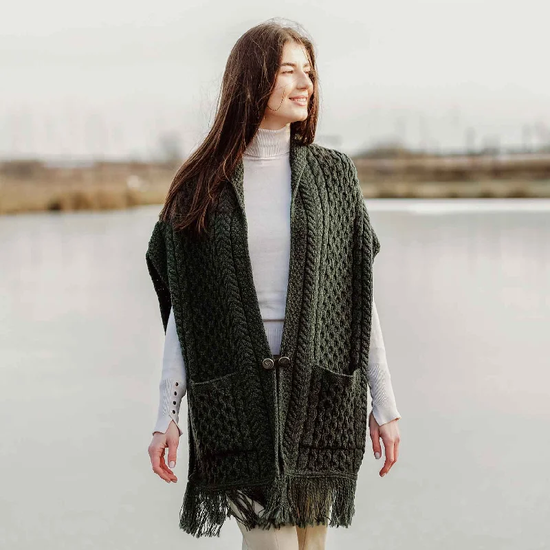 Women's Cable Pattern Pocket Shawl, Army Green Soft Cotton Shawl Cape