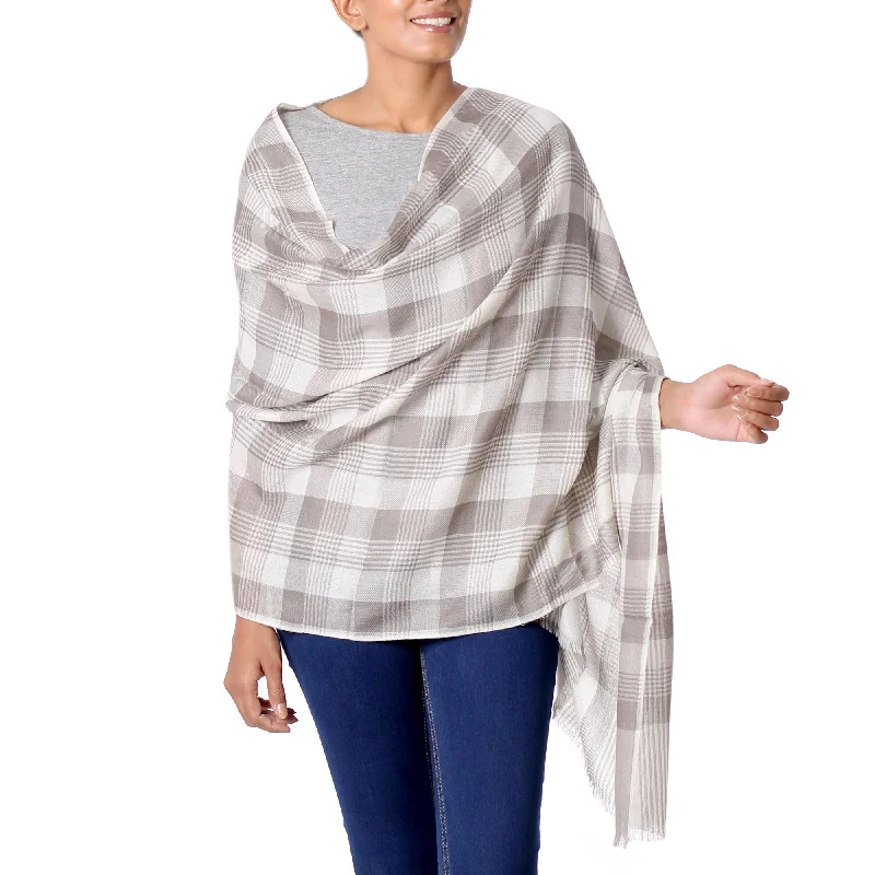 Checkered Grace Wool Taupe Checkered Pattern Traditional Shawl from India Soft Pashmina Shawl Wrap