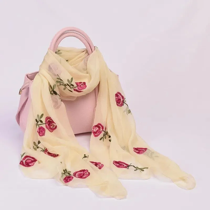 Female Spring and Autumn Simulation Silk Embroidery Scarf Long Rose Embroidery Scarf Shawl Gauze Scarf Solid Floral High Quality Wrap Shawl Neck Cover Fashionable Shawl with Tassels