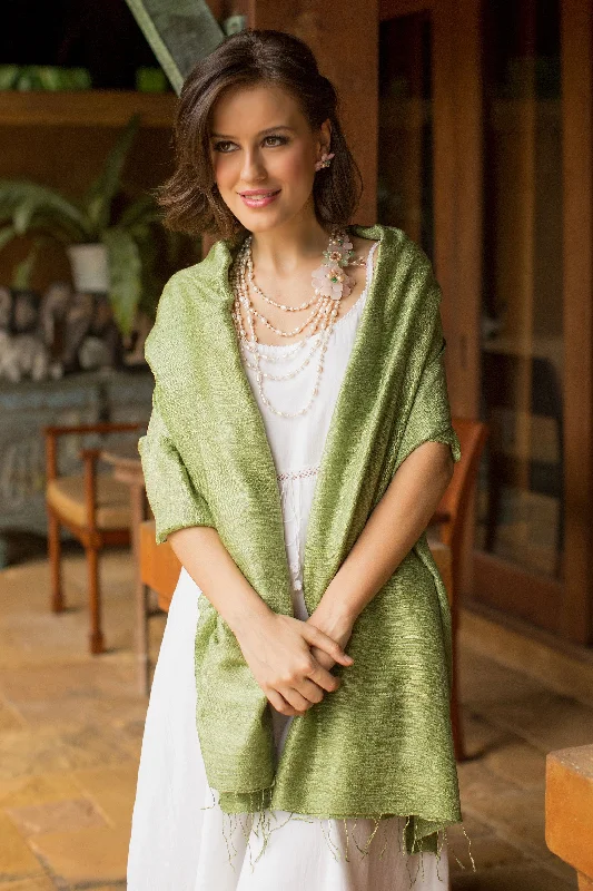 Green Treasure Hand Made Silk Shawl Cozy Knit Shawl Cape