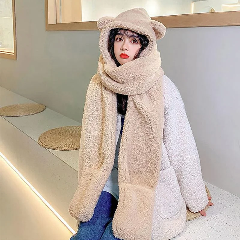 Hat Scarves Cashmere Warm Winter Scarf Pockets Glovers All In One Women Fashion Shawls Cat Ear Cute Kawaii Winter Scarfs Soft Faux Fur Shawl