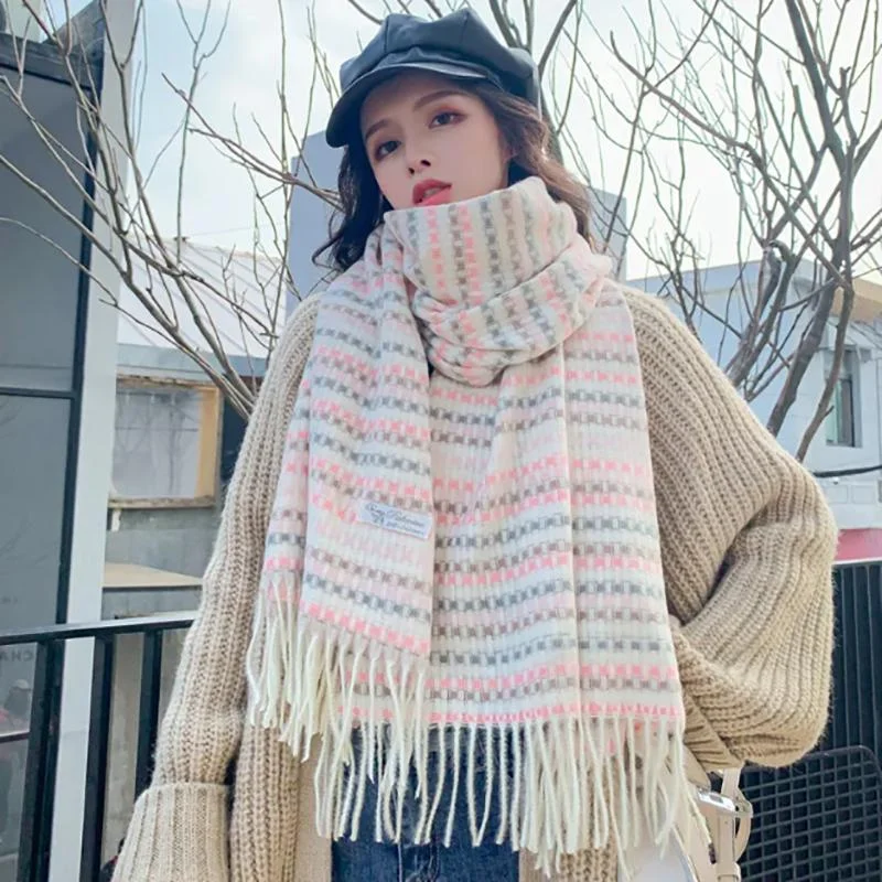 Korean Version of Plaid Scarf Women Winter Wild Shawl Thickened Scarf Cute Girl Heart Scarf Fashionable Wool Shawl Cape