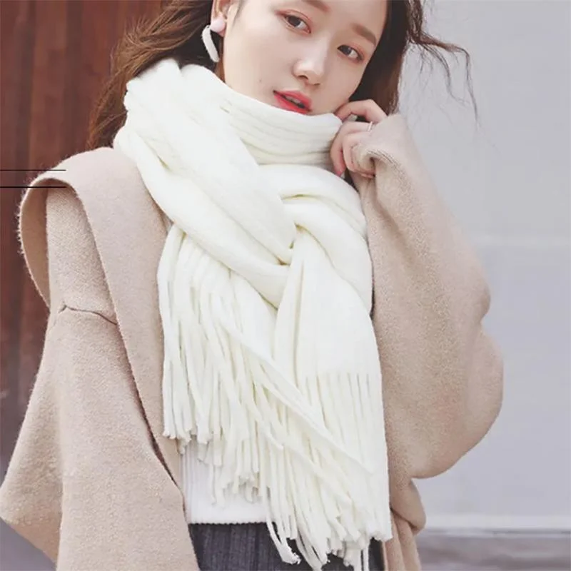 Ladies Scarf Winter Pure White Korean Version of Wild Thick Woolen Tassel Knitted Shawl Scarf Womens Soft Wool Shawl Wrap