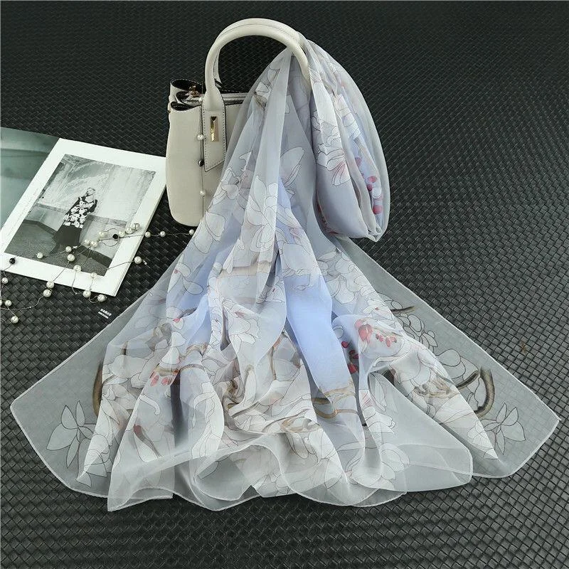 Printed Chiffon Silk Scarf Women 90*180cm Oversized Sunscreen Holiday Seaside Beach Shawl Classic Lace Shawl Wrap