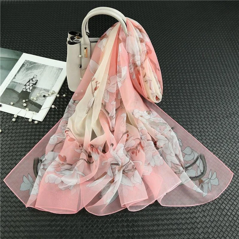 Printed Chiffon Silk Scarf Women 90*180cm Oversized Sunscreen Holiday Seaside Beach Shawl Soft Cotton Shawl Poncho