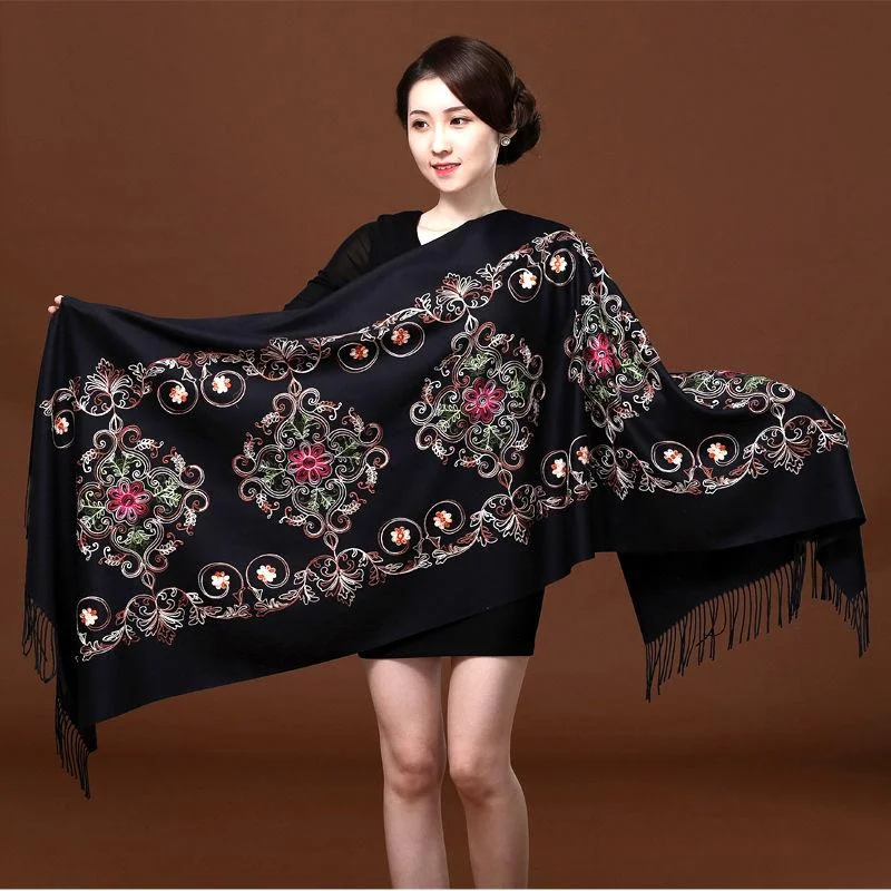 Red Embroidered Scarf Female Ethnic Style Thick Double-sided Warmth Shawl Dual-use Autumn and Winter Wild Long Section Warm Knit Shawl Scarf