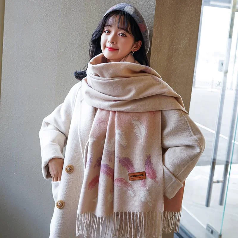 Scarf for Women Wool Scarves Feather Printing Winter Women's Ladies Cashmere Scarfs Female Shawl Lightweight Cotton Shawl