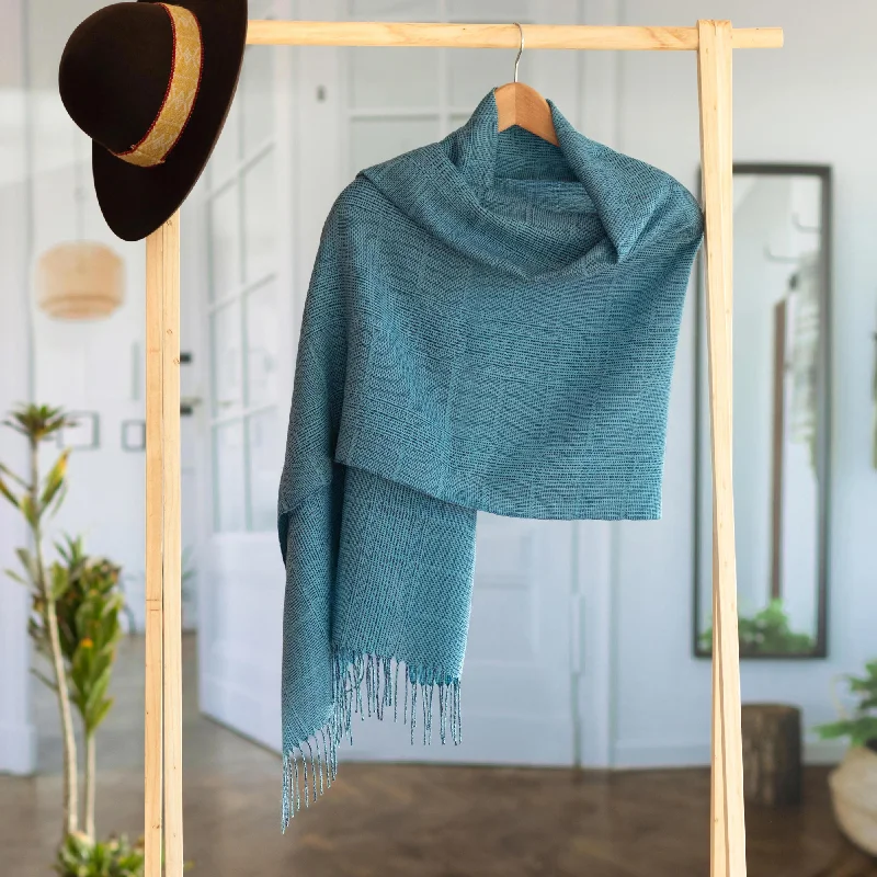 Whispering Azure Azure Blue Patterned Handwoven Baby Alpaca Shawl Trendy Oversized Shawl Cape