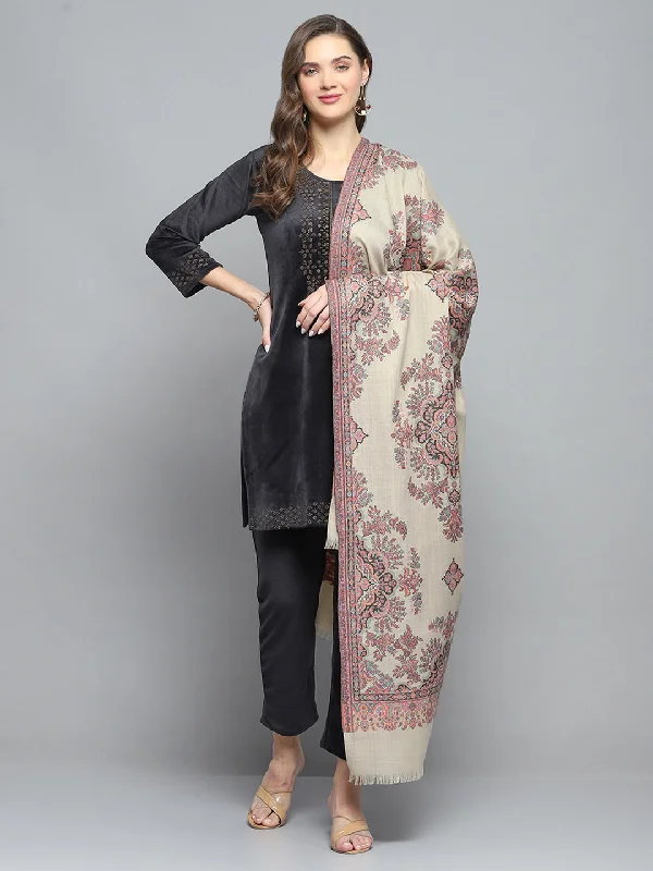 Women Beige Self Design Shawl Casual Cotton Shawl