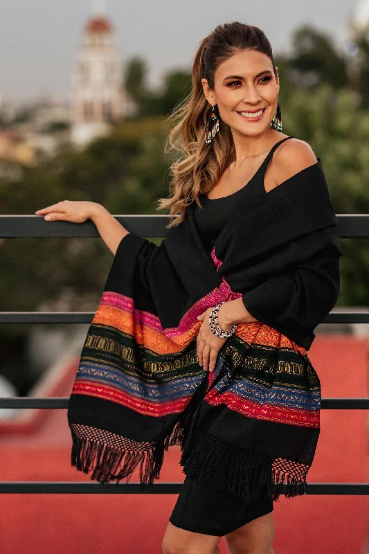 Zapotec Night Splendor Black Zapotec Rebozo Shawl with Colorful Geometric Stripes Fashionable Pashmina Shawl