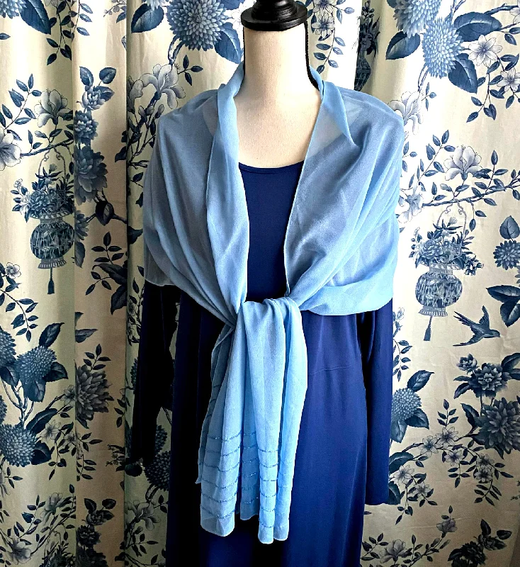 Blue Beaded Chiffon Shawl Long Scarf Evening Wrap Vintage 1990s Elegant Velvet Shawl Wrap