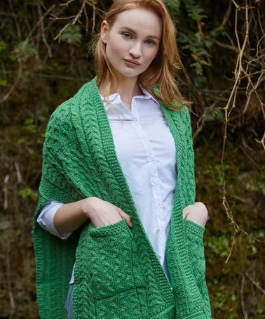 Cable Pattern Pocket Shawl - Marl Green Warm Cashmere Shawl Cape