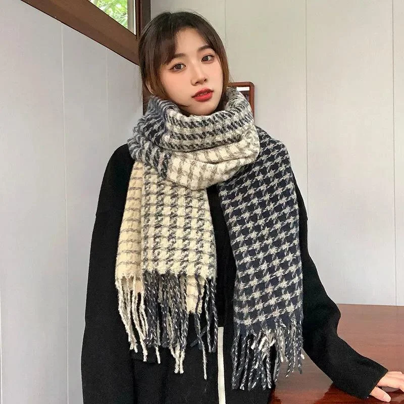 Scarf Women Winter Thicken Warm Knit Scarves Lady Plaid Tassels Fashion Long Soft Knitted Shawl Houndstooth Designe 2021 Female Scarfs Fashionable Pashmina Shawl