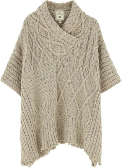 Shawl Neck Poncho Cape - Oatmeal Stylish Fringed Shawl Cape