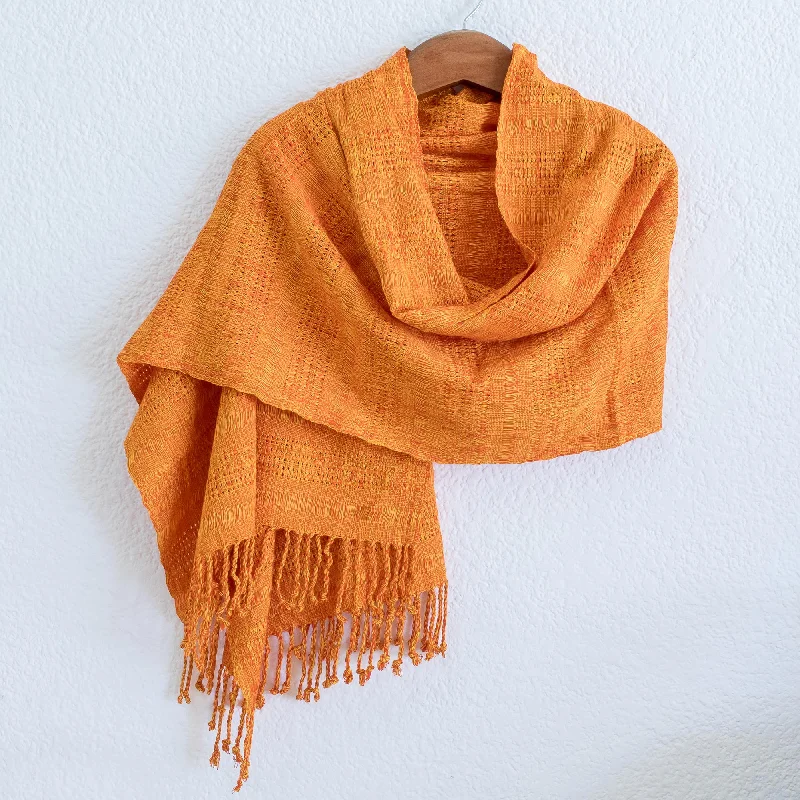 Textured Tangerine Guatemala Backstrap Handwoven Yellow-Orange Rayon Shawl Elegant Velvet Shawl Cape